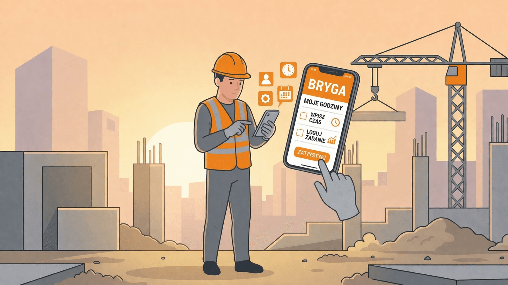 Pracownik budowlany korzysta z aplikacji BRYGA